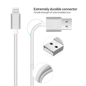 USB Lightning Iphone 3.3FT Metal Connector & Nylon Braided 8 PIN USB 2.0 Data Cable In White