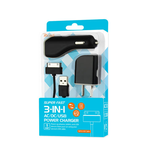 IPHONE 4G 1 AMP 3-IN-1 CAR CHARGER WALL ADAPTER WITH CABLE